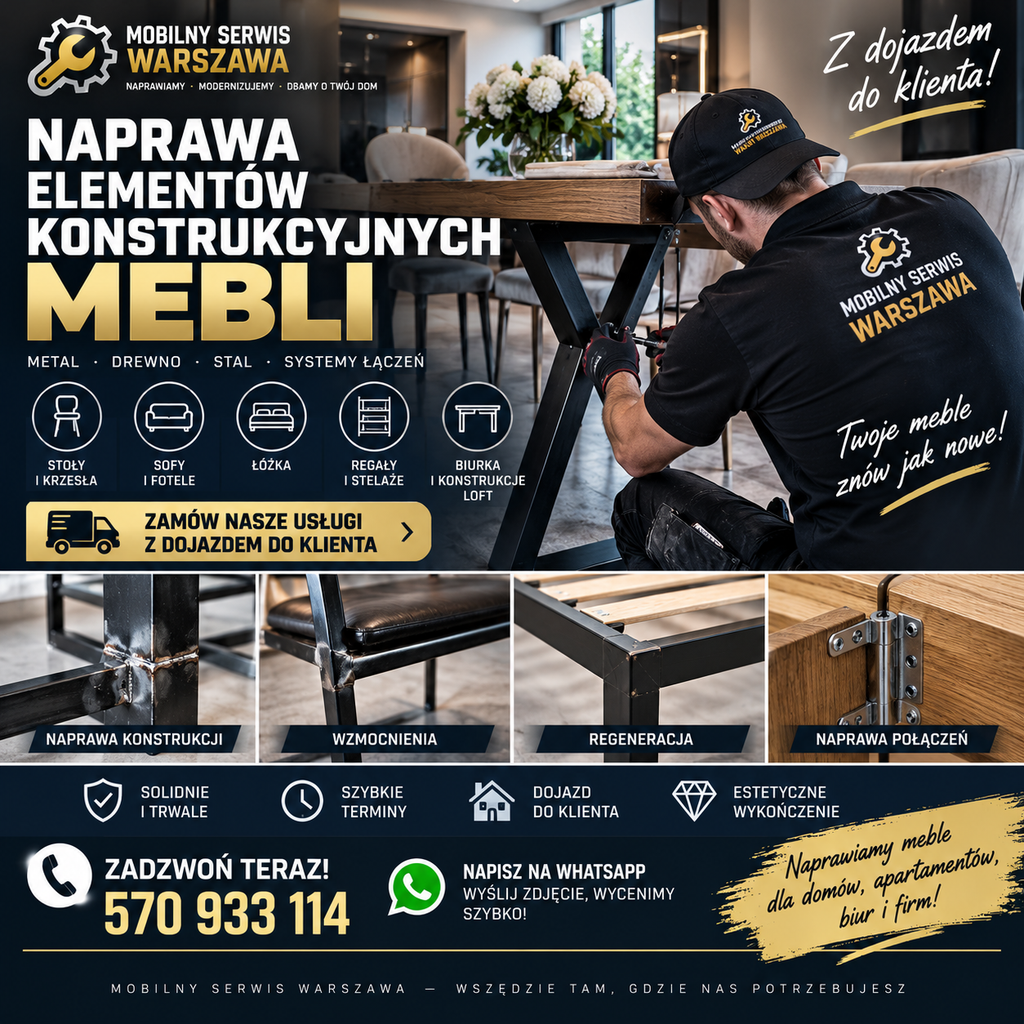 Naprawa elementów konstrukcyjnych mebli, zamów naszego specjalisy, zamów nasze usługi z dojazdem do klienta.