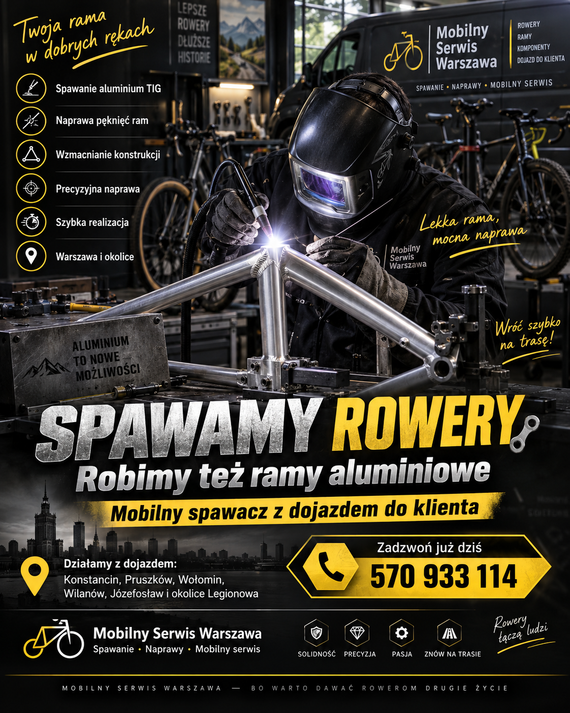 Telefon: 570 933 114 Masz pękniętą ramę aluminiową lub uszkodzony metalowy element roweru? Zadzwoń do Mobilnego Serwisu Warszawa. Sprawdzimy, czy naprawa jest możliwa i jakie rozwiązanie będzie właściwe.