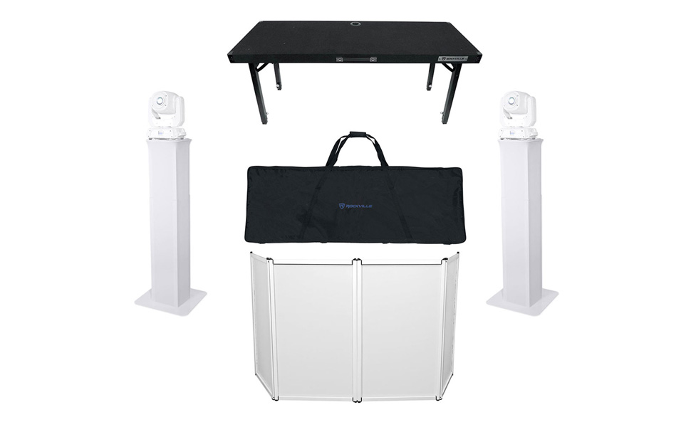 Amazon.com: Rockville RFAAW Bundle: DJ Event Facade Aluminum Frame,  Stretchable White Scrim, Travel Bag, (2) RTP32W Totem Stands with Black &  White Scrims and Bags, RTBL4 Foldable Adjustable Table 20x60, 4-Items :