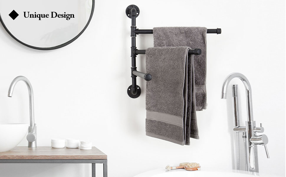 Amazon.com: MyGift 3 Tier Swivel Towel Rack, Wall Mounted Bathroom Bath  Towel Bar, Hanging Hand Towel Holder, Black Metal Industrial Pipe Design :  Home & Kitchen