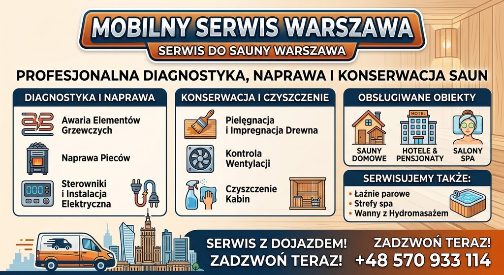 Diagnostyka i naprawa: Usuwanie awarii elementów grzewczych, pieców, sterowników i instalacji elektrycznej.
Konserwacja i czyszczenie: Pielęgnacja i impregnacja drewna, kontrola wentylacji oraz czyszczenie kabin.
Serwis saun domowych, hoteli, pensjonatów oraz salonów SPA Opisz ze to robi nasza firma Mobilny Serwis Warszawa Serwis do Sauny Warszawa - Serwisujemy łaźnie parowe, strefy spa, Wanny z Hydromasażem,. Mobilny Serwis Warszawa +48 570 933 114.