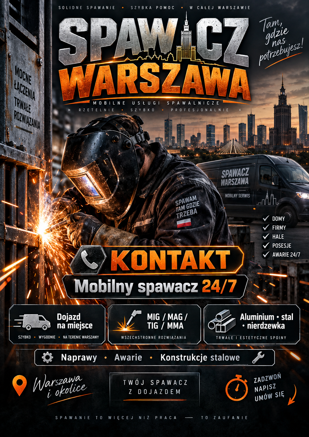 Spawacz Warszawa Kontakt, Mobilny spawacz 24/7 • Dojazd na miejsce • MIG/MAG/TIG/MMA • Aluminium, stal, nierdzewka.