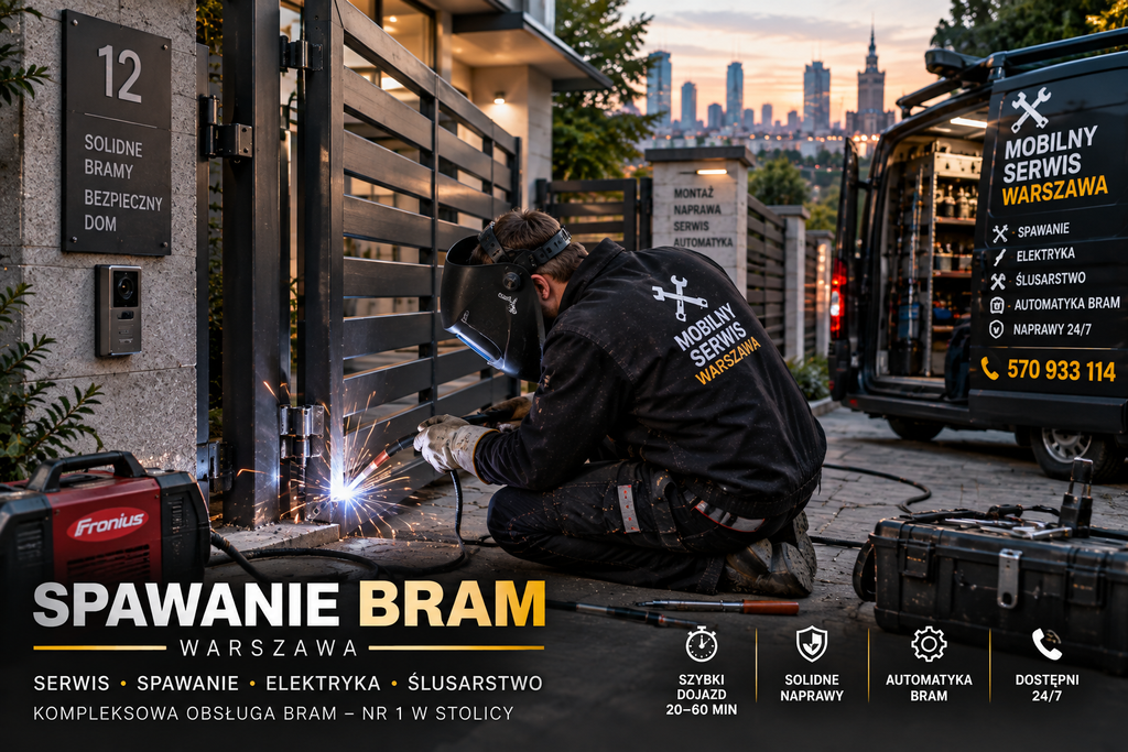 # 🚪 Spawanie i Naprawa Bram Warszawa – Spawacz, Ślusarz, Zamki, Automatyka i Zabezpieczenia
Spawanie bram garażowych i wjazdowych Warszawa, Awaria bramy wjazdowej lub garażowej w Warszawie to jedna z najczęstszych przyczyn wezwań naszego pogotowia spawalniczego. Uszkodzony zawias, pęknięte ramię automatu czy odkształcona konstrukcja po uderzeniu pojazdu to problemy, które bezpośrednio uderzają w bezpieczeństwo Twojej posesji lub firmy.