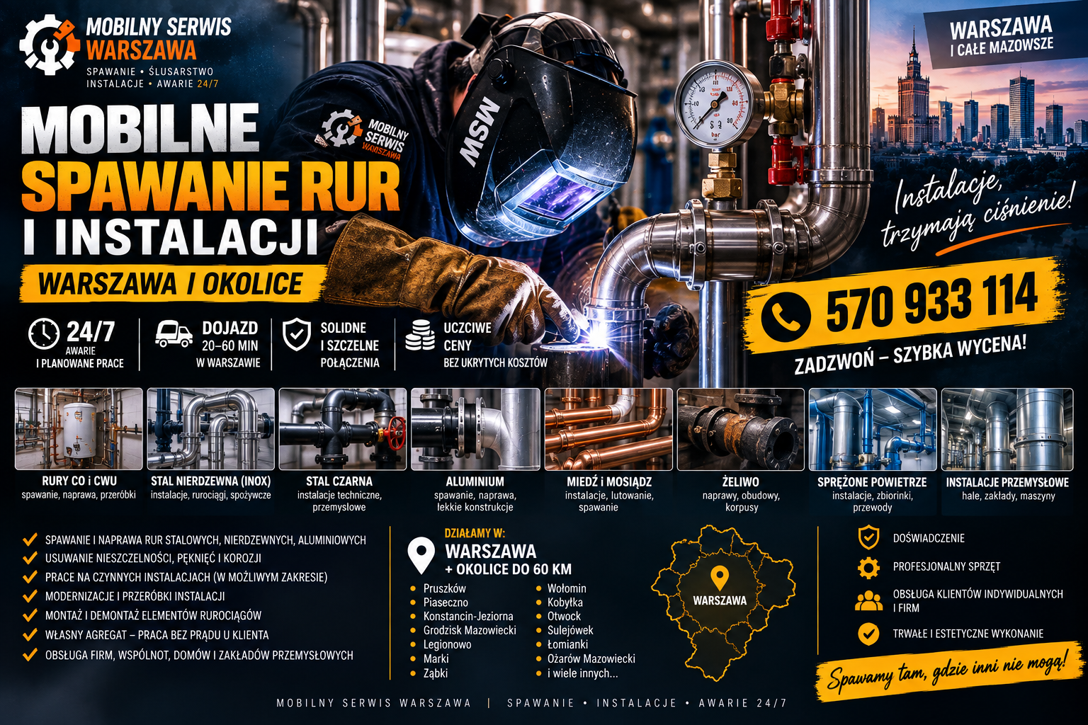 Mobilne spawanie rur i instalacji Warszawa, zamów nasze usługi z dojazdem do ciebie! Nasz spawacz posiada certyfikaty!