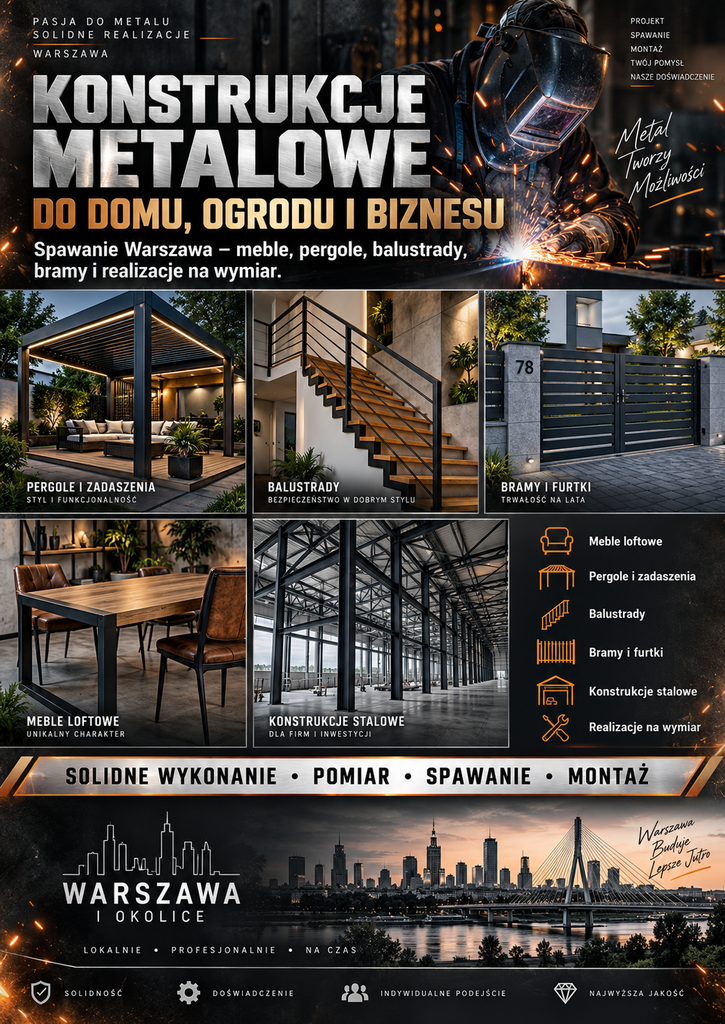 Konstrukcje metalowe do domu, ogrodu i biznesu – spawanie Warszawa, meble, pergole, balustrady, bramy i realizacje na wymiar