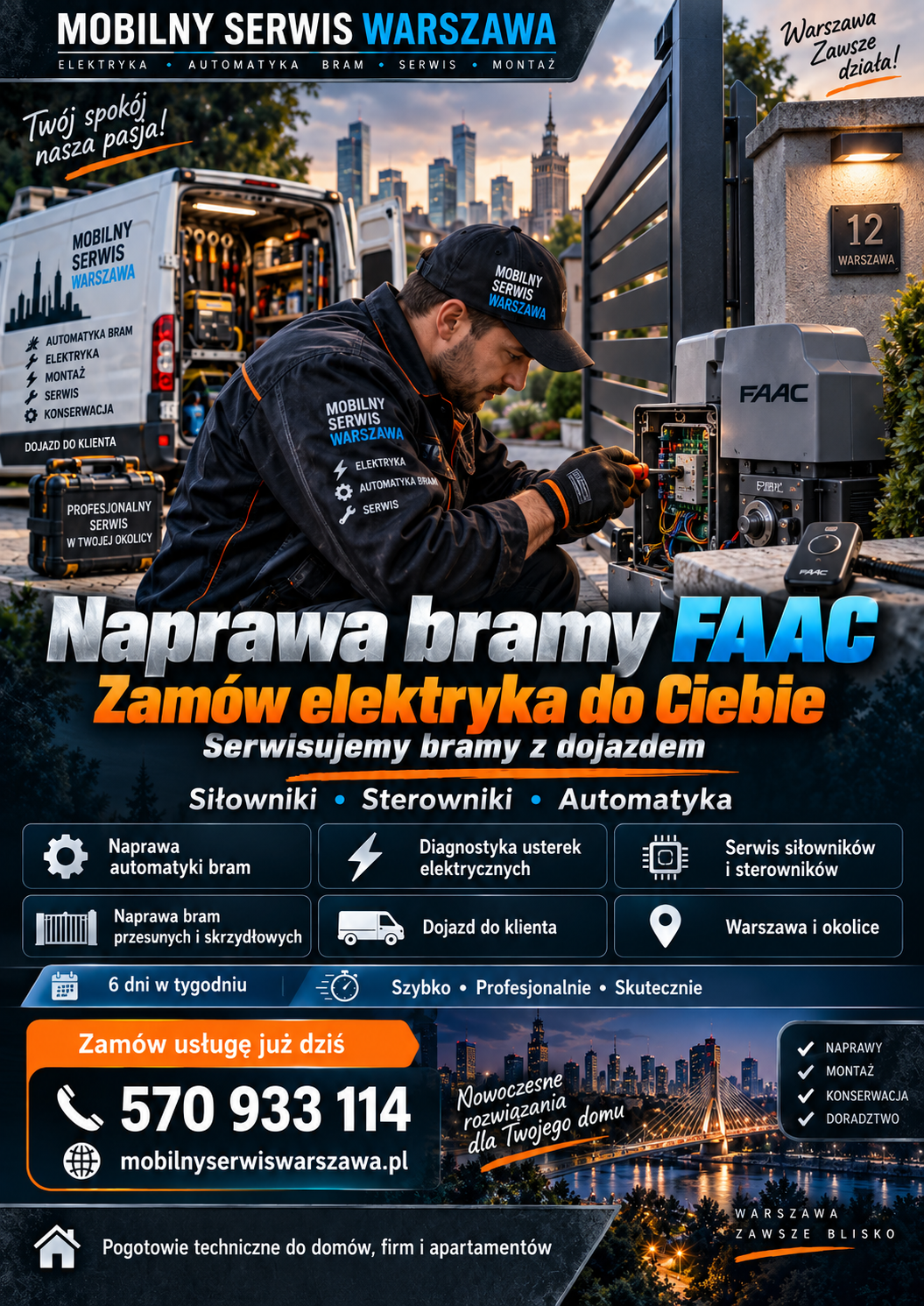 Naprawa bramy FAAC, zamów elektryka do ciebie nasza firma działa 6 dni w tygodniu serwisujać bramy z dojazdem, siłowniki, sterowniki.