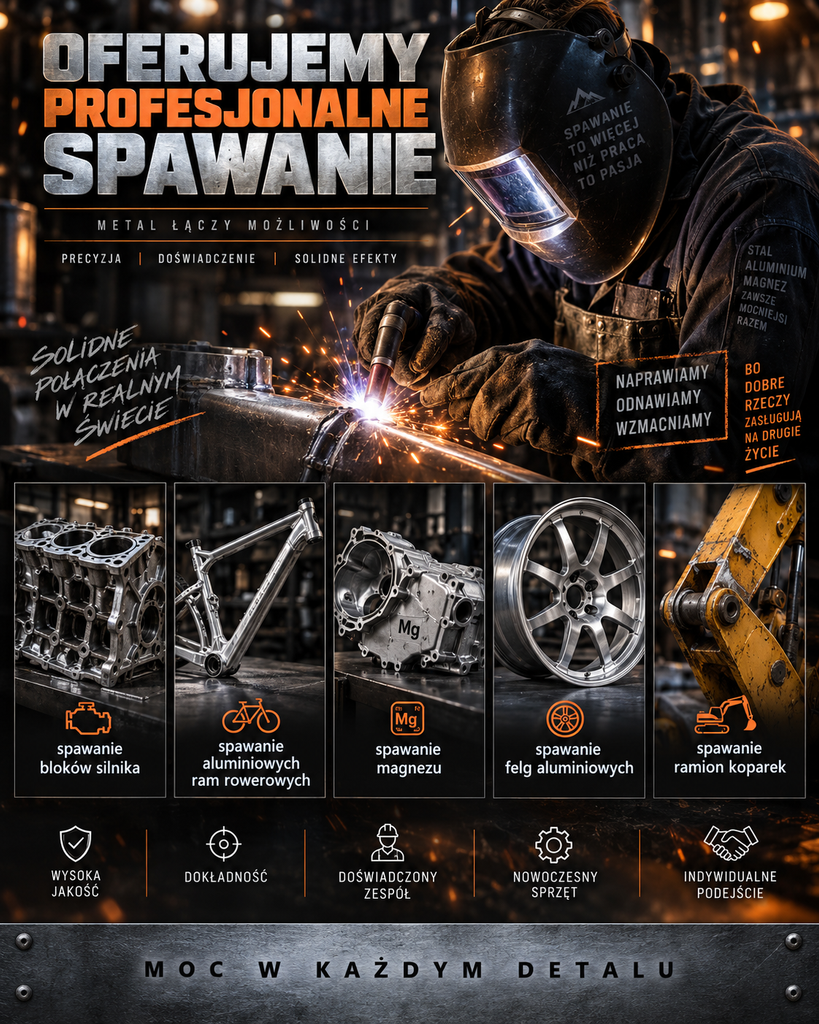 Oferujemy profesjonalne spawanie bloków silnika, spawanie aluminiowych ram rowerowych, spawanie magnezu, spawanie felg aluminiowych, spawanie ramien koparek