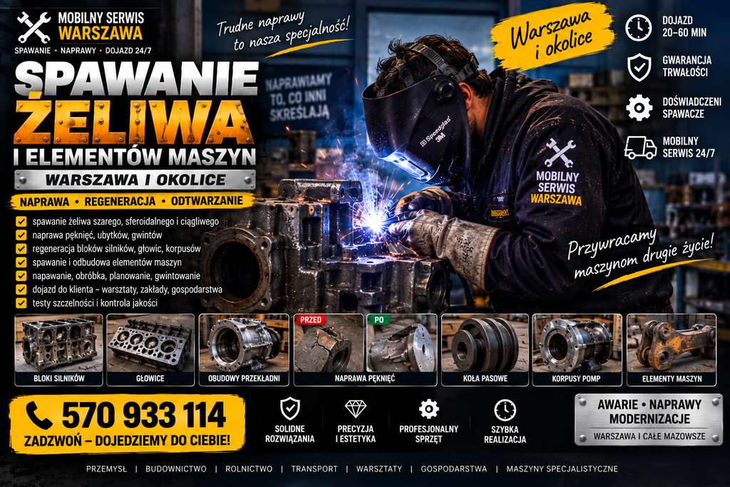 Spawanie żeliwa i elementów maszyn Warszawa, Naprawy pęknięć • Napawanie • Regeneracja. Dzwoń do Spawacza z Doajzdem.