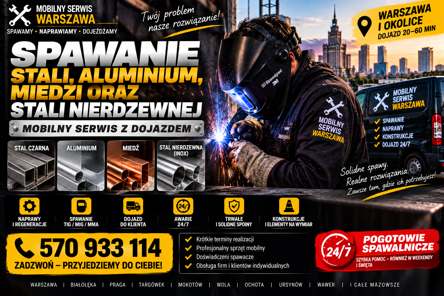 Usługi spawalnicze - Warszawa, zamów naszego mobilnego spawacza z dojazdem do ciebie! Pracujemy 7 dni w tygodniu. Stali, aluminium, miedzi oraz stali nierdzewnej