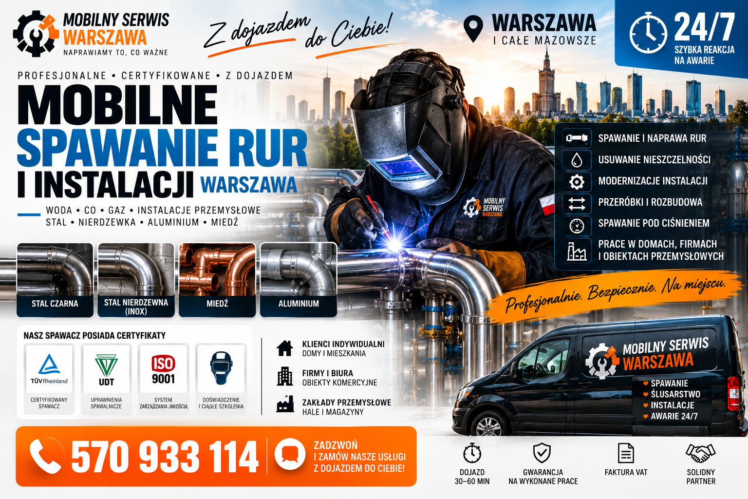 Zamów spawacza do Rur - Mobilne spawanie rur i instalacji Warszawa, zamów nasze usługi z dojazdem do ciebie! Nasz spawacz posiada certyfikaty!