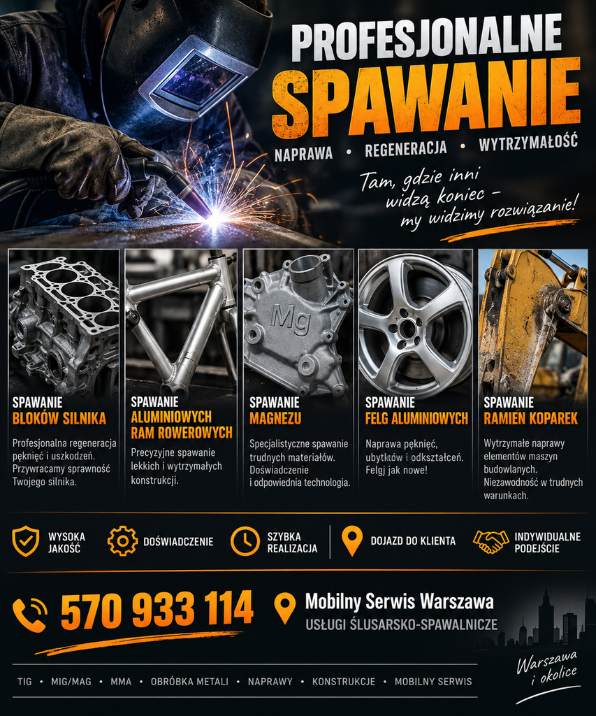 Spawacz Warszawa Kontakt, Mobilny spawacz 24/7 • Dojazd na miejsce • MIG/MAG/TIG/MMA • Aluminium, stal, nierdzewka.