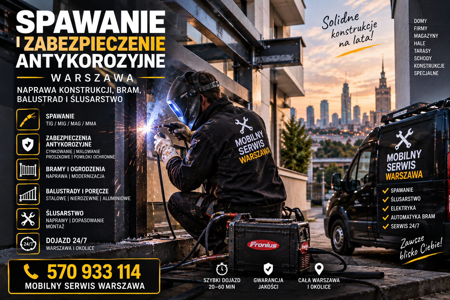 # 🔧 Spawanie i zabezpieczenie antykorozyjne Warszawa – naprawa konstrukcji, bram, balustrad i ślusarstwo

**Mobilny Serwis Warszawa • MIG/MAG • TIG • MMA • Naprawa konstrukcji • Usuwanie korozji • Szlifowanie • Cynkowanie • Malowanie • Bramy • Furtki • Zawiasy • Zamki • Kamery • Wideodomofony**

📞 **570 933 114**

## Rdza przy spoinie nie jest problemem lakierniczym. Najpierw trzeba sprawdzić metal.

Najgorszy moment na podjęcie decyzji o zabezpieczeniu antykorozyjnym jest wtedy, kiedy konstrukcja została już pospawana, skręcona, zamontowana, pomalowana i dopiero na końcu ktoś pyta:

**„A czym teraz zabezpieczymy te miejsca?”**

Przy dobrze zaplanowanej pracy ochrona przed korozją jest częścią całej technologii naprawy.

Nie dodatkiem.

Jeżeli stalowa brama ma skorodowany profil, nie zaczynamy od zamalowywania rdzy.

Jeżeli przy zawiasie furtki farba zaczęła puchnąć, sprawdzamy, co znajduje się pod nią.

Jeżeli słupek balustrady jest mocno osłabiony, nie zakrywamy problemu kolejną warstwą podkładu.

Najpierw trzeba odpowiedzieć na pytanie:

**czy nadal mamy zdrowy materiał, który warto zabezpieczać?**

W Mobilnym Serwisie Warszawa łączymy naprawę metalową z przygotowaniem konstrukcji do dalszej ochrony. Podstawowy zakres tej usługi opisujemy również na stronie [Spawanie i zabezpieczenie antykorozyjne Warszawa](https://mobilnyserwiswarszawa.pl/spawanie-i-zabezpieczenie-antykorozyjne-warszawa/), natomiast realizacje wykonywane bezpośrednio u klienta rozwijamy w dziale [Mobilne Spawanie Warszawa](https://mobilnyserwiswarszawa.pl/mobilne-spawanie/).

Nie każda realizacja kończy się taką samą powłoką.

Brama przy domu potrzebuje innego systemu niż konstrukcja przemysłowa pracująca w agresywnym środowisku.

Balustrada nierdzewna wymaga innego podejścia niż stal czarna.

Element przeznaczony do cynkowania musi zostać przygotowany inaczej niż rama malowana na miejscu.

Dlatego najpierw diagnozujemy, później spawamy, a dopiero na końcu zabezpieczamy.

---

# 🧭 Cały proces zaczyna się przed uruchomieniem spawarki

Wyobraźmy sobie skorodowaną konstrukcję bramy.

Na zdjęciu widać rudą rdzę w dolnej części profilu.

Pierwsza reakcja może być prosta:

zeszlifować,

zaspawać,

pomalować.

Ale po usunięciu farby może się okazać, że ścianka profilu jest mocno osłabiona.

Wtedy zaspawanie pojedynczego otworu niewiele zmieni.

Trzeba usunąć całą zdegradowaną strefę i wspawać zdrowy fragment.

Właśnie dlatego prace przy konstrukcjach uszkodzonych przez korozję traktujemy jako **naprawę ślusarsko-spawalniczą**, a nie samo „odrdzewianie”.

Podobne podejście opisujemy w materiale o [spawaniu konstrukcyjnym oraz naprawie skorodowanych elementów stalowych](https://mobilnyserwiswarszawa.pl/spawanie-konstrukcyjne-warszawa-piaseczno/).

Jeżeli zakres obejmuje większe wzmocnienia, warto zapoznać się również z naszym działem [usług ślusarskich, spawalniczych i wzmacniania konstrukcji](https://mobilnyserwiswarszawa.pl/uslugi-slusarskie-i-spawalnicze-warszawa-halinow-spawanie-konstrukcyjne-wzmacnianie-konstrukcji-nosnych-i-naprawa-elementow-stalowych/).

---

# 🔍 Rdza powierzchniowa a ubytek przekroju – to dwie różne sytuacje

Nie każda rdza oznacza konieczność wymiany elementu.

Powierzchniowe ogniska mogą występować na konstrukcji, która nadal zachowuje wystarczający przekrój.

Wtedy głównym zadaniem jest:

oczyszczenie,

przygotowanie podłoża,

ponowne zabezpieczenie.

Znacznie poważniejsza sytuacja występuje wtedy, kiedy korozja doprowadziła do:

perforacji profilu,

pęknięcia przy mocowaniu,

znacznego ścieńczenia ścianki,

rozwarstwienia materiału,

utraty sztywności.

W takich miejscach malowanie jest dopiero końcowym etapem.

Najpierw trzeba odbudować metal.

---

# ⚙️ MIG/MAG – podstawowe narzędzie przy stalowych konstrukcjach

W przypadku klasycznej stali konstrukcyjnej, bram, furtek, ram, wsporników i profili bardzo często wykorzystujemy MIG/MAG.

Proces jest wydajny i dobrze sprawdza się przy typowych naprawach konstrukcji.

Możemy wykorzystać go do:

wstawiania nowego fragmentu profilu,

odbudowy ramy,

naprawy mocowania,

wspawania wzmocnienia,

przygotowania nowego uchwytu.

Nie oznacza to jednak spawania bez przygotowania.

Farba i korozja muszą zostać usunięte ze strefy, w której powstaje złącze.

Szczególnie przy naprawie skorodowanych profili nie chcemy spawać do materiału, którego stan jest nieznany.

Na rynku kompleksowy model łączący spawanie, piaskowanie, malowanie oraz zabezpieczenia antykorozyjne prezentuje [Norma Konstrukcje](https://spawaniekonstrukcji.pl/zabezpieczenie-antykorozyjne/), której oferta obejmuje m.in. cynkowanie, malowanie i przygotowanie powierzchni.

---

# 💎 TIG – kiedy konstrukcja jest nierdzewna albo szczególnie widoczna

Stal nierdzewna wymaga innego podejścia niż zwykła stal czarna.

W balustradzie ze stali nierdzewnej wygląd połączenia ma duże znaczenie.

Dlatego często wybieramy TIG.

Po spawaniu nie kończymy jednak pracy na samym wykonaniu spoiny.

Strefa przegrzana może wymagać odpowiedniej obróbki i oczyszczenia.

W naszym dziale [Balustrady – Mobilny Serwis Warszawa](https://mobilnyserwiswarszawa.pl/spawacz/balustrady/) opisujemy realizacje ze stali nierdzewnej, czarnej oraz aluminium.

Jeżeli konieczne jest późniejsze wyrównanie połączenia, wykorzystujemy także osobny zakres [szlifowania spoin stalowych](https://mobilnydiax.pl/uncategorized/szlifowanie-spoin-stalowych/) i [wyrównywania spawów](https://mobilnydiax.pl/uncategorized/wyrownywanie-spawow/).

W przypadku INOX trzeba również uważać na zanieczyszczanie powierzchni narzędziami wcześniej używanymi do zwykłej stali.

---

# ⚡ MMA – teren, naprawy i miejsca mniej wygodne

Spawanie elektrodą otuloną pozostaje przydatne podczas prac montażowych i naprawczych.

Nie korzysta z zewnętrznego gazu osłonowego, więc jest mniej wrażliwe na podmuchy niż TIG albo MIG/MAG.

Nie znaczy to jednak, że można bezpiecznie prowadzić spawanie elektryczne w deszczu albo na mokrym stanowisku.

Przy niekorzystnej pogodzie stanowisko trzeba zabezpieczyć.

Metodę dobieramy do warunków, ale bezpieczeństwo pozostaje nadrzędne.

---

# 🧹 Szlifowanie – most pomiędzy spawaczem a lakiernikiem

Po spawaniu pozostają miejsca wymagające przygotowania.

Odpryski.

Ostre krawędzie.

Nadlewy.

Nierówności.

Jeżeli konstrukcja ma być później malowana, przygotowanie powierzchni wpływa bezpośrednio na wygląd gotowej powłoki.

W przypadku konstrukcji przeznaczonych pod profesjonalne systemy ochronne sposób przygotowania powinien odpowiadać wymaganiom technologii powłokowej.

Norma ISO 12944 jest jednym z podstawowych punktów odniesienia przy doborze ochronnych systemów malarskich do stalowych konstrukcji pracujących w różnych środowiskach. Producent powłok [Hempel opisuje ISO 12944](https://www.hempel.com/pl-pl/knowledge-center/coating-standards) jako główny standard dotyczący ochrony stali przed korozją poprzez systemy farb i lakierów.

To pokazuje, dlaczego zdanie:

**„pomalujemy czymś antykorozyjnym”**

jest za mało przy poważnej realizacji przemysłowej.

---

# 🌪️ Piaskowanie i czyszczenie strumieniowo-ścierne

Jeżeli element jest pokryty starą farbą i rdzą, jedną z podstawowych technologii przygotowania może być obróbka strumieniowo-ścierna.

Pozwala usunąć:

stare powłoki,

produkty korozji,

zanieczyszczenia.

Powstaje przygotowana powierzchnia pod nowy system ochronny.

Warszawska firma [Jack-Service](https://www.jackservice.com.pl/oferta/zabezpieczenia-antykorozyjne-konstrukcji-stalowych) opisuje czyszczenie strumieniowo-ścierne jako jeden z podstawowych etapów swoich zabezpieczeń stalowych.

Podobny zakres piaskowania oraz aplikacji powłok oferuje [Lakiernia Steel](https://lakierniasteel.pl/nasza-oferta/zabezpieczenia-antykorozyjne-warszawa/), gdzie zabezpieczenie jest poprzedzane analizą stanu elementu i przygotowaniem powierzchni.

Przy mniejszych naprawach terenowych pełne piaskowanie nie zawsze jest konieczne.

Czasami wystarczy dokładne przygotowanie mechaniczne.

---

# 🛠️ Szlifarka nie może tylko „zamaskować” rdzy

To jeden z częstszych błędów.

Operator przejeżdża powierzchnię tarczą.

Rudy kolor znika.

Nakładany jest podkład.

Ale w zagłębieniach i szczelinach pozostają produkty korozji.

Dlatego sposób przygotowania zależy od oczekiwanego efektu i dalszego systemu.

Inaczej przygotowujemy fragment starej furtki.

Inaczej konstrukcję, która ma zostać profesjonalnie pomalowana przemysłowo.

---

# 🛡️ Zabezpieczenie na mokro – praktyczne przy naprawie mobilnej

Nie każdą konstrukcję możemy zabrać do pieca lakierni.

Brama jest zamontowana.

Balustrada stoi na balkonie.

Duża rama znajduje się przy hali.

Wtedy praktycznym rozwiązaniem może być system malarski nakładany na miejscu.

Może obejmować:

grunt,

warstwę pośrednią,

powłokę nawierzchniową.

Dokładny system powinien zależeć od podłoża i warunków użytkowania.

Producent [Teknos](https://www.teknos.com/pl-PL/farby-przemyslowe/rozwiazania/konstrukcje/konstrukcje-metalowe/konstrukcje-ze-stali-i-aluminium/) opisuje przemysłowe powłoki do konstrukcji stalowych i aluminiowych zarówno w wersjach ciekłych, jak i proszkowych.

W przypadku prostszych zastosowań przykładem farby do podłoży stalowych, aluminiowych i ocynkowanych jest [Teknos FERREX](https://www.teknos.com/pl-PL/produkty/ferrex/).

Przy bardziej przemysłowych systemach stosowane są także grunty epoksydowe, takie jak [EPIRUST](https://www.teknos.com/pl-PL/produkty/epirust/) czy [TEKNOPOX PRIMER](https://www.teknos.com/pl-PL/produkty/teknopox-primer-4/).

Nie podajemy jednak jednej farby jako uniwersalnego rozwiązania do wszystkiego.

---

# 🎨 Malowanie proszkowe – świetne wykończenie, ale najpierw trzeba przygotować element

Malowanie proszkowe bardzo dobrze sprawdza się przy:

bramach,

furtkach,

balustradach,

meblach metalowych,

elementach architektury.

Proszek nanoszony jest elektrostatycznie, a następnie utwardzany w odpowiedniej temperaturze.

To technologia warsztatowa.

Duża zamontowana brama nie zostanie pomalowana proszkowo bez demontażu.

Dlatego przy planowaniu naprawy pytamy:

czy element można zdemontować?

Jeżeli tak, proszek może być bardzo dobrym rozwiązaniem.

Jeżeli nie, wybieramy system wykonywany na miejscu.

[SpawanieKonstrukcji.pl](https://spawaniekonstrukcji.pl/malowanie/) opisuje zarówno malowanie proszkowe, mokre, jak i piaskowanie oraz zabezpieczenia konstrukcji.

[Lakiernia Steel](https://lakierniasteel.pl/nasza-oferta/zabezpieczenia-antykorozyjne-warszawa/) łączy natomiast piaskowanie z lakierowaniem proszkowym i realizuje zarówno drobne detale, jak i większe elementy.

---

# 🧲 Cynkowanie ogniowe – bardzo mocna ochrona dla odpowiednio zaprojektowanej konstrukcji

Cynkowanie ogniowe jest jedną z najważniejszych technologii ochrony stali zewnętrznej.

Element zanurzany jest w kąpieli cynkowej, a na stali powstaje powłoka ochronna.

To jednak proces, który trzeba uwzględnić już przy projektowaniu.

Profile zamknięte potrzebują odpowiednich otworów technologicznych.

Konstrukcja musi być przygotowana do zanurzenia.

Skład stali wpływa na charakter powstającej powłoki.

Bardzo rozbudowaną bazę wiedzy prowadzi [Polskie Towarzystwo Cynkownicze](https://portal-cynkowniczy.pl/), a w jego [katalogu firm](https://portal-cynkowniczy.pl/ptc/katalog-firm/) można znaleźć zakłady świadczące usługi cynkowania.

PTC publikuje również materiał dotyczący [doboru stali do cynkowania ogniowego](https://portal-cynkowniczy.pl/dla-ekspertow/normy-i-rodzaje-stali-do-cynkowania-ogniowego/).

Dlatego nie wysyłamy dowolnej pospawanej konstrukcji do ocynkowni bez wcześniejszego sprawdzenia technologii.

---

# 🧯 Ważne: spawanie już ocynkowanej konstrukcji

Częsty przypadek:

brama jest ocynkowana.

Pęka zawias.

Trzeba wykonać spawanie.

Nie spawamy po prostu bezpośrednio przez grubą warstwę powłoki.

Strefę trzeba przygotować.

Po zakończeniu prac oryginalna ochrona zostaje lokalnie przerwana.

Miejsce naprawy wymaga więc odtworzenia zabezpieczenia odpowiednią metodą.

Lokalny preparat cynkowy stosowany przy naprawie nie jest tym samym co ponowne cynkowanie całej konstrukcji metodą zanurzeniową.

---

# 🧱 System duplex – cynk i dodatkowa powłoka

W bardzo wymagających konstrukcjach można połączyć warstwę cynkową z systemem malarskim.

Daje to jednocześnie ochronę cynkową i możliwość uzyskania wybranego wykończenia powierzchni.

Nie oznacza jednak prostego schematu:

ocynk + dowolna farba.

Powierzchnia cynku wymaga odpowiedniego przygotowania, a powłoki muszą być kompatybilne.

W projektach technicznych system zabezpieczenia powinien być zaplanowany jeszcze przed produkcją.

---

# ✨ Stal nierdzewna – ochrona wygląda zupełnie inaczej

W przypadku stali nierdzewnej zazwyczaj nie nakładamy klasycznego systemu antykorozyjnego tak jak na stal czarną.

Materiał sam tworzy warstwę pasywną.

Problem pojawia się w miejscu spawania i obróbki.

Jeżeli na powierzchni pozostaną przebarwienia, zanieczyszczenia albo cząstki zwykłej stali, odporność powierzchni może zostać pogorszona.

Dlatego w odpowiednich realizacjach stosuje się:

czyszczenie,

trawienie,

pasywację,

polerowanie.

Przy balustradach nierdzewnych korzystamy również z naszego zakresu [spawania i obróbki balustrad](https://mobilnyserwiswarszawa.pl/spawacz/balustrady/).

---

# 🪶 Aluminium – nie rdzewieje jak stal, ale nadal może wymagać ochrony

Aluminium nie tworzy charakterystycznej rudej rdzy.

Na powierzchni powstaje naturalna warstwa tlenku.

Nie oznacza to jednak całkowitej odporności na każde środowisko.

Przy konstrukcjach aluminiowych duże znaczenie mają:

stop,

kontakt z innymi metalami,

wilgoć,

środowisko pracy.

Nasze naprawy tego materiału rozwijamy w dziale [Spawanie aluminium Warszawa](https://mobilnyserwiswarszawa.pl/spawanie-aluminium/).

---

# 🔩 ŚLUSARSTWO I ANTYKOROZJA – tutaj zaczyna się druga część problemu

Korozja bardzo często pojawia się w miejscach ruchomych i montażowych.

Przy zawiasie.

Wokół zamka.

Przy dolnej części furtki.

Na mocowaniu bramy.

Przy kotwie balustrady.

To nie są przypadkowe miejsca.

Występuje tam:

kontakt elementów,

szczelina zatrzymująca wodę,

uszkadzanie farby podczas pracy,

duże obciążenie.

Dlatego ochrona antykorozyjna przy bramie czy furtce musi uwzględniać mechanikę.

Nie wystarczy dokładnie pomalować konstrukcji, jeżeli zawias od pierwszego dnia ściera nową powłokę.

---

# 🔩 Skorodowany zawias bramy – wymienić czy regenerować?

Najpierw sprawdzamy trzpień i strefę mocowania.

Jeżeli zużyty jest sam zawias, często najlepszym rozwiązaniem jest jego wymiana.

Jeżeli problemem jest wyrwany fragment profilu, trzeba odbudować metal.

Jeżeli korozja obejmuje słupek, zakres będzie jeszcze większy.

Nasze naprawy takich elementów opisujemy na stronie [Spawanie zawiasów Warszawa](https://mobilnyserwiswarszawa.pl/spawanie-zawiasow-warszawa-halinow-profesjonalne-uslugi-slusarskie-i-spawalnicze-tel-570-933-114/) oraz w materiale [Zawiasy – spawanie brama](https://mobilny-serwis-warszawa.pl/zawiasy-spawanie-brama/).

---

# 🚪 Dolna część furtki – jedno z pierwszych miejsc, gdzie pojawia się korozja

Woda.

Błoto.

Sól.

Koszenie trawnika.

Opryski.

To wszystko działa właśnie w dolnej części.

Jeżeli rdza pojawiła się powierzchniowo, konstrukcję można oczyścić i zabezpieczyć.

Jeżeli profil został przejedzony, wykonujemy naprawę.

Po wspawaniu nowego fragmentu cała strefa musi zostać ponownie zabezpieczona.

---

# 🔑 Zamek i kaseta zamka – rdza potrafi zablokować cały mechanizm

Kaseta zamka w metalowej furtce znajduje się często w zamkniętym profilu.

Jeżeli do środka dostaje się woda, korozja może rozwijać się niewidocznie.

Objawem staje się:

ciężko pracujący rygiel,

zaciskanie mechanizmu,

pękanie blachy wokół mocowania.

Sama wymiana zamka może wtedy nie wystarczyć.

Najpierw odbudowujemy miejsce montażu.

Pełne połączenie prac spawalniczych i ślusarskich opisujemy na stronie [Serwis Techniczny – Spawanie, Zamki, Furtki](https://mobilny-serwis-warszawa.pl/serwis-techniczny-spawanie-zamki-furtki/).

---

# 🧲 Elektrozaczep także potrzebuje stabilnej, zdrowej konstrukcji

Elektronika może być całkowicie sprawna.

Ale jeżeli metal wokół elektrozaczepu skorodował, urządzenie nie będzie prawidłowo osadzone.

Dlatego przy modernizacji starej furtki najpierw naprawiamy profil.

Dopiero później montujemy urządzenie.

Osobną usługę mamy dla [montażu elektrozaczepów Wi-Fi](https://wideodom.eu/montaz-wideodomofonu/montaz-elektrozaczepu-wifi/).

---

# 🚪 Brama wjazdowa – antykorozja musi uwzględnić ruch

Brama przesuwna pracuje na wózkach.

Skrzydłowa na zawiasach.

W obu przypadkach istnieją strefy, które pozostają ruchome.

Nie można ich po prostu zalać grubą warstwą farby.

Przy naprawie analizujemy:

ramę,

dolne profile,

wózki,

zawiasy,

mocowanie automatyki.

Naszą usługę naprawy i spawania takich konstrukcji opisuje strona [Spawanie bram garażowych i wjazdowych Warszawa](https://mobilnyserwiswarszawa.pl/spawanie-bram-garazowych-i-wjazdowych-warszawa/).

---

# ⚙️ Mocowanie siłownika – rdza plus automatyka

Wyrwany uchwyt automatu nie zawsze pęka z powodu samej siły siłownika.

Czasami materiał był już skorodowany.

Nowy uchwyt wspawany dokładnie w tę samą osłabioną strefę nie rozwiąże problemu.

Trzeba dojść do zdrowego profilu.

Osobno opisujemy [spawanie i naprawę mocowań siłowników do bram](https://mobilny-serwis-warszawa.pl/spawanie-i-naprawa-silownikow-do-bram/).

---

# 🛡️ Balustrady – bezpieczeństwo przed wyglądem

Przy balustradzie rdza może pojawić się:

przy podstawie słupka,

na spoinie,

pod odspajającą się farbą,

w miejscu zatrzymywania wody.

Jeżeli konstrukcja pełni funkcję ochronną, nie zakrywamy ubytku kosmetycznie.

Najpierw sprawdzamy stan elementu.

Dopiero potem decydujemy o renowacji albo wymianie fragmentu.

---

# 🪜 Schody stalowe – szczególnie wymagające przy połączeniu zewnętrznym

Schody zewnętrzne są narażone na wodę i zanieczyszczenia.

Problem często pojawia się na:

łączeniach stopni,

podestach,

strefach przy gruncie,

spoinach.

Jeżeli woda nie ma możliwości odpływu, nawet dobry system ochronny pracuje w trudniejszych warunkach.

Dlatego ochrona zaczyna się również od konstrukcji.

---

# 🏭 Konstrukcje hal i magazynów

W obiektach przemysłowych korozja może wynikać nie tylko z pogody.

Znaczenie mają:

wilgoć technologiczna,

chemia,

temperatura,

pył,

mycie instalacji.

Dlatego system ochronny powinien być dobrany do środowiska.

[Jack-Service](https://www.jackservice.com.pl/oferta/zabezpieczenia-antykorozyjne-konstrukcji-stalowych) dobiera zestawy malarskie odpowiednio do warunków środowiskowych i wymagań inwestora.

[Hempel](https://www.hempel.com/pl-pl/knowledge-center/coating-standards) opiera dobór powłok stalowych na klasyfikacji środowisk i ISO 12944.

Firma [Teknos](https://www.teknos.com/pl-PL/farby-przemyslowe/rozwiazania/konstrukcje/konstrukcje-metalowe/konstrukcje-ze-stali-i-aluminium/) również rozwija specjalistyczne systemy dla konstrukcji stalowych i aluminiowych.

To pokazuje, że przy hali nie powinniśmy ograniczać specyfikacji do nazwy koloru RAL.

---

# 🚜 Maszyny i urządzenia – ochrona musi odpowiadać sposobowi pracy

Rama maszyny może być:

uderzana,

ocierana,

zalewana olejem,

myta,

wystawiona na zewnątrz.

Dlatego powłoka dekoracyjna przeznaczona do mebla nie musi być właściwa dla maszyny.

Przed doborem zabezpieczenia pytamy:

gdzie element pracuje?

co ma z nim kontakt?

czy powierzchnia będzie regularnie czyszczona?

---

# 🎨 Farba epoksydowa i nawierzchnia – system, nie jedna puszka

W bardziej wymagających rozwiązaniach ochrona może składać się z kilku warstw.

Grunt odpowiada za przyczepność i ochronę podłoża.

Warstwa pośrednia może budować odpowiednią grubość bariery.

Nawierzchnia odpowiada również za odporność na warunki zewnętrzne i wygląd.

Przykłady specjalistycznych gruntów epoksydowych do stali konstrukcyjnych publikuje [Teknos](https://www.teknos.com/pl-PL/produkty/feidopox-primer-zg64-a6/).

W bardziej wymagających środowiskach przemysłowych producenci stosują również rozbudowane systemy epoksydowe. Przykładem jest [Jotun Jotacote Universal](https://www.jotun.com/pl-PL/industries/products/jotacote-universal-n10), przeznaczony m.in. do ochrony stali.

Dobór konkretnego produktu powinien zawsze wynikać z karty technicznej i rzeczywistych warunków eksploatacji.

---

# 🧽 „Cynk w sprayu” – dobre narzędzie naprawcze, ale nie zamiennik cynkowni

Preparat cynkowy może być użyteczny przy miejscowej naprawie powłoki.

Szczególnie po:

cięciu,

wierceniu,

spawaniu ocynkowanej konstrukcji.

Nie jest jednak tożsamy z przemysłową powłoką uzyskiwaną przez zanurzenie całego elementu.

W artykułach ofertowych warto te technologie nazywać prawidłowo.

---

# 🔧 Ostre krawędzie – mały detal, który utrudnia zabezpieczenie

Powłoka ma określoną grubość.

Na bardzo ostrej krawędzi może powstać cieńsza strefa ochronna.

Dlatego przed profesjonalnym malowaniem spoiny i krawędzie powinny być przygotowane zgodnie z wymaganym systemem.

W naszych realizacjach takie prace wykonujemy przez [Mobilny Diax – przygotowanie spoin konstrukcyjnych](https://mobilnydiax.pl/uncategorized/szlifowanie-spoin-konstrukcyjnych/).

---

# 🔒 Ślusarstwo nierdzewne – nie zanieczyszczaj dobrego materiału złym narzędziem

Jeżeli balustrada, furtka albo okucie są wykonane z INOX, nie chcemy przenosić na ich powierzchnię resztek zwykłej stali.

Dlatego przy profesjonalnym wykończeniu ważne są oddzielne materiały ścierne i właściwa obróbka.

To szczególnie istotne przy konstrukcjach reprezentacyjnych i elementach narażonych na wilgoć.

---

# 🧾 Cennik orientacyjny – spawanie i antykorozja Warszawa

Cena zależy przede wszystkim od tego, co znajduje się pod warstwą rdzy.

| Zakres | Cena orientacyjna |
|---|---:|
| Drobne spawanie i przygotowanie miejscowe | od ok. 400 zł |
| Naprawa skorodowanego zawiasu | ok. 400–900 zł |
| Wspawanie nowego fragmentu profilu | ok. 500–1400 zł |
| Naprawa ramy bramy | ok. 600–1800 zł |
| Naprawa furtki + ślusarstwo | ok. 600–1500 zł |
| Balustrada – naprawa lokalna | ok. 500–1500 zł |
| Szlifowanie i przygotowanie powierzchni | wycena według zakresu |
| Malowanie miejscowe po naprawie | wycena według systemu |
| Demontaż + przygotowanie pod proszek | indywidualnie |
| Konstrukcja pod ocynk | indywidualnie |
| Większa renowacja konstrukcji | po oględzinach |

Nie podajemy ceny cynkowania czy malowania wyłącznie na podstawie jednego zdjęcia bez wiedzy o wymiarach i powierzchni.

---

# 📸 Jak fotografować skorodowaną konstrukcję do wyceny

Nie wysyłaj wyłącznie zbliżenia rdzy.

Potrzebujemy kontekstu.

Pierwsze zdjęcie – cały element.

Drugie – skorodowana strefa.

Trzecie – miejsce mocowania.

Czwarte – przeciwna strona profilu.

Jeżeli to brama, pokaż zawias.

Jeżeli furtka – także zamek.

Jeżeli balustrada – mocowanie do podłoża.

Takie zdjęcia pozwalają znacznie lepiej ocenić możliwy zakres.

---

# 📍 Warszawa – korozja wygląda podobnie, ale obiekty są różne

W centrum miasta częściej pracujemy przy:

balustradach,

drzwiach technicznych,

elementach wspólnot mieszkaniowych.

Na obrzeżach Warszawy częściej spotykamy:

bramy,

furtki,

ogrodzenia,

wiaty,

konstrukcje posesyjne.

We Włochach, Ursusie i na Targówku dochodzą:

hale,

warsztaty,

magazyny.

Nie zmienia się jednak podstawowa zasada:

**najpierw zdrowa konstrukcja, potem zabezpieczenie.**

---

# 🌍 Pruszków, Piaseczno, Ożarów, Marki i okolice

Mobilne naprawy wykonujemy również poza Warszawą.

Przy większych konstrukcjach zakres może obejmować demontaż i transport do zakładu wykonującego piaskowanie, malowanie albo cynkowanie.

Dla prac konstrukcyjnych w kierunku południowym mamy również podstronę [Spawanie konstrukcyjne Warszawa – Piaseczno](https://mobilnyserwiswarszawa.pl/spawanie-konstrukcyjne-warszawa-piaseczno/).

---

# 🧰 Kiedy korzystamy ze specjalistycznej lakierni albo cynkowni

Nie będziemy udawać, że mobilny bus jest jednocześnie piecem do malowania proszkowego i wanną cynkowniczą.

Mobilny serwis może:

zdiagnozować,

naprawić,

wymienić metal,

przygotować powierzchnię,

wykonać miejscowe zabezpieczenie,

zdemontować element.

Przemysłowe malowanie proszkowe albo pełne cynkowanie realizuje wyspecjalizowany zakład.

Dla klienta ważne jest, żeby cały proces był dobrze zaplanowany.

Przykładem firmy łączącej spawanie z piaskowaniem, malowaniem i cynkowaniem jest [Norma Konstrukcje](https://spawaniekonstrukcji.pl/uslugi/).

Przy zabezpieczeniach lakierniczych można porównać także [Lakiernię Steel](https://lakierniasteel.pl/nasza-oferta/zabezpieczenia-antykorozyjne-warszawa/) oraz warszawski zakres zabezpieczeń [Jack-Service](https://www.jackservice.com.pl/oferta/zabezpieczenia-antykorozyjne-konstrukcji-stalowych).

Firma [ALPERS](https://alpers.pl/uslugi/malowanie/antykorozja-warszawa/) realizuje natomiast powłoki antykorozyjne m.in. przy stalowych konstrukcjach i innych powierzchniach przemysłowych.

---

# 📹 Po naprawie bramy można od razu przygotować system zabezpieczeń

Jeżeli odnawiamy bramę albo furtkę, jest to bardzo dobry moment na zaplanowanie:

kabli,

panelu,

elektrozaczepu,

kamery.

Najpierw wykonujemy metal.

Potem wykończenie.

Na końcu elektronikę.

Nie wiercimy przypadkowych otworów w świeżo zabezpieczonej konstrukcji, jeżeli można przygotować je wcześniej.

---

# 🔔 Wideodomofon przy odnowionej furtce

Nasza osobna oferta obejmuje [montaż wideodomofonu z kamerą](https://wideodom.eu/montaz-wideodomofonu/montaz-wideodomofonu-z-kamera/).

Jeżeli konstrukcja będzie rozbierana lub malowana, ustalamy miejsce montażu panelu przed końcowym zabezpieczeniem.

---

# 📹 Kamera przy bramie

Po renowacji konstrukcji możemy również przygotować miejsce pod [kamerę przy wejściu albo bramie](https://wideodom.eu/montaz-wideodomofonu/montaz-kamer-przy-drzwiach-warszawa/).

Przy większej posesji można połączyć oba rozwiązania. Nasza druga strona opisuje [integrację wideodomofonu z monitoringiem posesji](https://wideosystem.pl/montaz-i-serwis/wideodomofon-i-monitoring-posesji-jak-polaczyc-oba-systemy/).

---

# 🪪 Kontrola dostępu a zabezpieczenie metalowej furtki

Elektroniczny system nie rozwiąże problemu skorodowanego profilu.

Czytnik może działać.

Elektrozaczep może reagować.

Ale jeśli metal wokół niego jest osłabiony, najpierw trzeba naprawić konstrukcję.

To właśnie powód, dla którego łączymy:

spawanie,

ślusarstwo,

elektronikę wejścia.

---

# 🐗 Dolna część ogrodzenia – czasami problem nie kończy się na korozji

Jeżeli ogrodzenie jest regularnie podważane albo deformowane przez zwierzęta, sama renowacja nie usuwa przyczyny.

W ramach naszej sieci realizujemy także [wzmocnienia bram i furtek przeciw wtargnięciom dzików](https://stop-dzik.pl/wzmocnienie-furtki-i-bramy-przeciw-wtargnieciom-dzikow/) oraz [montaż dodatkowych zabezpieczeń ogrodzeniowych](https://stop-dzik.pl/stop-dzik-montaz-zabezpieczen-siatek-ogrodzen-furtek-i-bram/).

---

# ❌ Czego nie robimy przy korozji

Nie nakładamy nowej farby na odpadającą rdzę i nie nazywamy tego profesjonalnym zabezpieczeniem.

Nie spawamy zawiasu do profilu, którego ścianka praktycznie zniknęła.

Nie traktujemy cynku w aerozolu jako odpowiednika pełnego cynkowania ogniowego.

Nie zakładamy, że każda konstrukcja może zostać ocynkowana bez sprawdzenia jej projektu.

Nie używamy jednego systemu farb do każdej stali i każdego środowiska.

Nie obiecujemy określonej liczby lat trwałości powłoki bez znajomości systemu, środowiska i przygotowania powierzchni.

---

# ✅ Jak wygląda dobra realizacja

Najpierw oględziny.

Później oczyszczenie strefy uszkodzenia.

Po oczyszczeniu ponowna ocena.

Jeżeli materiał jest zdrowy – przygotowanie i zabezpieczenie.

Jeżeli jest osłabiony – wycięcie fragmentu.

Następnie spawanie.

Szlifowanie.

Przygotowanie krawędzi.

Dopiero później właściwa ochrona powierzchni.

To właśnie różni pełną naprawę od szybkiego zamalowania rdzy.

---

# 📞 Mobilny Serwis Warszawa – metal naprawiamy przed jego pomalowaniem

Jeżeli masz:

skorodowaną bramę,

furtkę,

balustradę,

stalowe schody,

ramę,

konstrukcję przy hali,

uszkodzony zawias,

skorodowaną kasetę zamka,

pęknięty wspornik,

wyślij zdjęcia.

Dobierzemy kolejność prac.

Może wystarczyć samo oczyszczenie i zabezpieczenie.

Może być potrzebne spawanie.

Czasami trzeba wykonać nowy fragment.

Przy bramie i furtce możemy dodatkowo wykonać prace ślusarskie przy zawiasach, zamkach i elektrozaczepach.

Przy modernizacji wejścia możemy następnie zintegrować konstrukcję z wideodomofonem i monitoringiem.

📞 **570 933 114**

**Mobilny Serwis Warszawa – spawanie, ślusarstwo, renowacja konstrukcji i zabezpieczenia z dojazdem.**