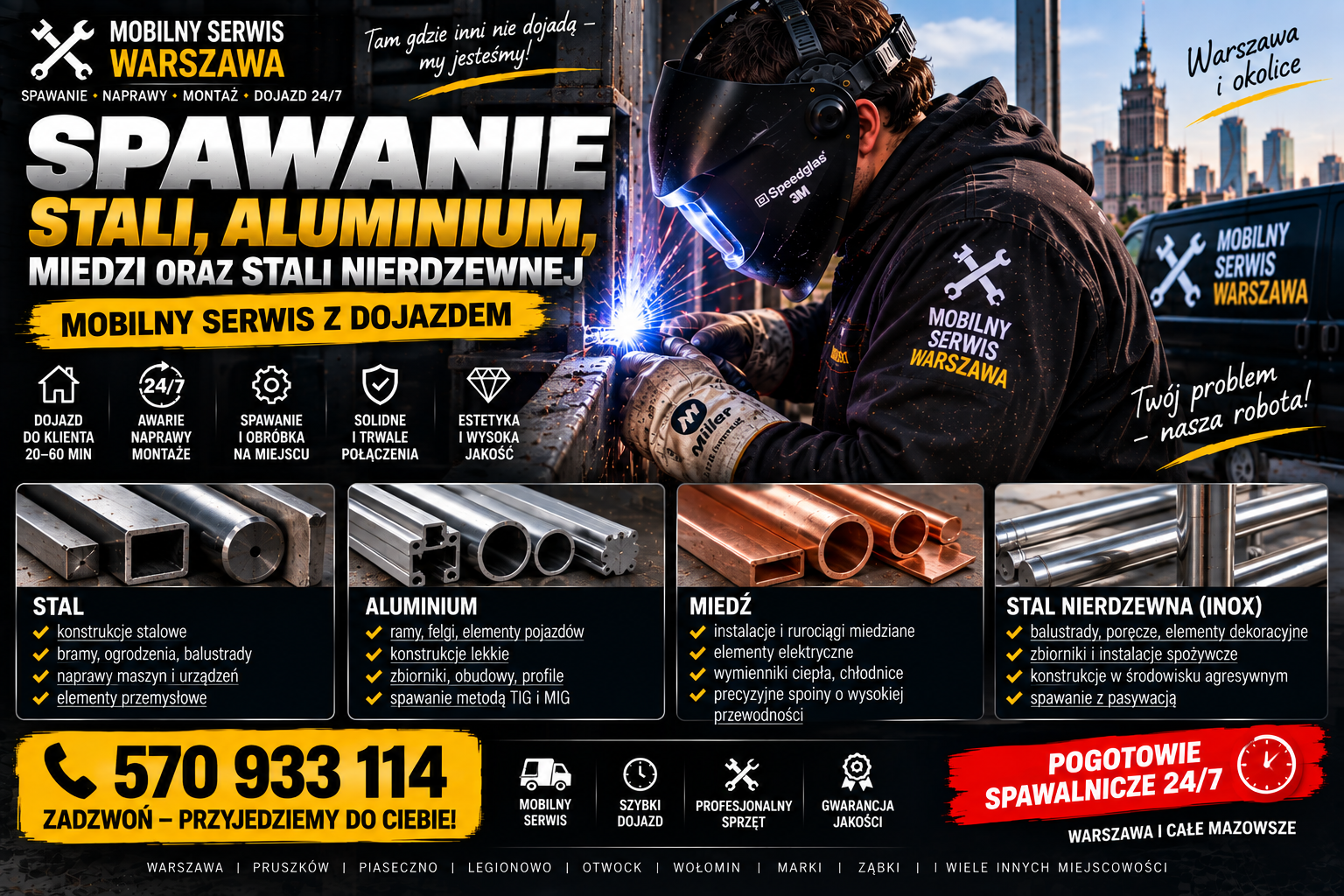 Usługi spawalnicze - Warszawa, zamów naszego mobilnego spawacza z dojazdem do ciebie! Pracujemy 7 dni w tygodniu. Stali, aluminium, miedzi oraz stali nierdzewnej